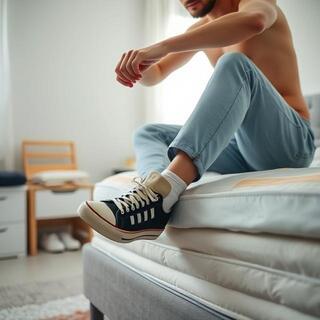 Person sitting at mattress edge performing sit test